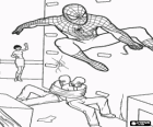 Spiderman, der superheld, flucht nach fang zwei diebe und verlassen sie gebunden mit spinnennetz
