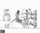 Pharao, der könig von Ägypten, und seine soldaten mit ihren wagen des krieges in einem angriff auf die festung, begleitet von einem flug von ibis