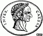 Eine silber-münze des antiken Rom, einen denar mit dem gesicht von Julius Caesar oder Iulius Caesar trägt einekrone aus lorbeer