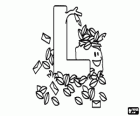Buchstabe L mit einer menge der blätter und einige briefen, mit Objekten die mit k in Englisch geschrieben werden: leaves und letters