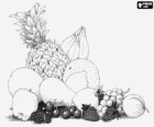 Obst vielfältig: ananas, banane, melone, apfel, birnen, zitronen, trauben, kirschen, erdbeeren, pfirsiche und himbeeren