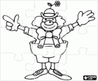 Puzzle von clown mit voller clown kostüm, hut mit einer blume, perücke, handschuhe, krawatte, große hosen und große schuhe