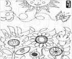 Puzzle von blumen auf dem gebiet mit einem schmetterling fliegen und die sonne auf dem gipfel