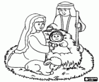 Jesus, Maria und Josef in der krippe neben einem lamm