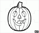 Puzzle von ack O'Lantern, Halloween kürbis-typisch für die feier, und leerte eine monströse gesicht zu beleuchtet mit einer kerze