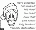Weihnachtskarte mit dem Gesicht von Donald Duck mit Nikolausmütze