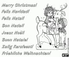 Weihnachtskarte mit zwei Kindern und einem Rentier
