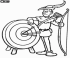 Der berühmte Bogenschützen Robin Hood zeigt sein Können mit dem Bogen neben dem Ziel