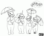 Die vier Teletubbies mit ihren Regenschirmen öffnen
