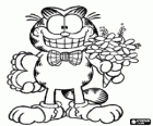 Garfield elegant mit Valentinstag Geschenke, einen Blumenstrauß und ein großes Herz