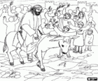 Jesus von Nazareth auf dem Rücken eines Esels und begrüßte durch ein Gedränge am Eingang nach Jerusalem