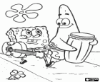 Die Freunde SpongeBob und Patrick mit ihren Musikinstrumenten: eine Gitarre und ein Bass-Drum