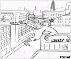 Puzzle von Spiderman springt zwischen den gebäuden in der stadt mit seinen spinnennetz