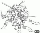 Die vier Ninja Turtles: Leonardo, Michelangelo, Donatello und Raphael. Teenage Mutant Hero Turtles oder TMNT
