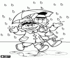 Ernie und Bert zu Fuß unter der regen mit einem Regenschirm. Sesamstraße