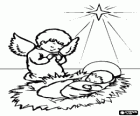 Kleine Jesus, Jesuskind in der Krippe mit einem Engel und unter Berücksichtigung der Weihnachtsstern