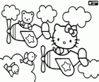 Hello Kitty und die Teddy Bär auf ihrer Flugzeuge fliegen zwischen den Wolken und Vögel