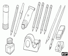 Schulutensilien, Schulmaterial: Kleber, Stifte, Pinsel, Reißfeder und Tinte, Radiergummi, Spitzer, Klebeband