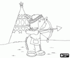 Indianerjunge Üben mit Pfeil und Bogen in das Lager des Stammes