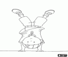 Caillou macht einen Handstand, wobei der Körper aufrecht mit den Füßen hoch und die Hände ruhen auf dem Boden