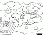 Pinguin fliegt mit einem raketenrucksack oder jet-pack in einem Spiel von Club Penguin