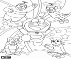 Die Katze Doraemon mit seinen Freunden Nobita, Shizuka, Suneo und Takeshi