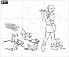 Puzzle von Die Rattenfänger von Hameln. Die Rattenfänger beginnt, die Flöte zu spielen, beginnen die Ratten zu nähern und ihm zu folgen