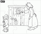 Puzzle von Hänsel und Gretel. Die Hexe Hänsel eingesperrt in einen Käfig, um ihn zu essen und Gretel wie zu Hause arbeiten