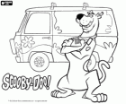 Scooby Doo stolz vor der klassischen und Hippie-VW-Bus Kastenwagen