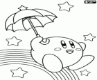 Kirby mit einem Regenschirm fliegen zwischen den Sternen und dem Regenbogen
