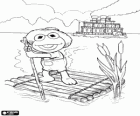Baby-Kermit der Frosch als Tom Sawyer und Huckleberry Finn auf einem Floß aus Holz, die alte Mississippi