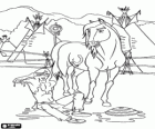 Das Pferd Spirit und dem indischen jungen Mann Little Creek in der Lakota Dorf