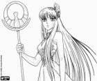 Saori Kido mit der Heiligen Bischofsstab die Siegesgöttin Nike. Saori ist die Reinkarnation der Göttin Athena in der Manga Saint Seiya