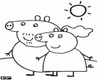 Die Eltern von Peppa Pig zu Fuß unter der Sonne. Peppa Wutz