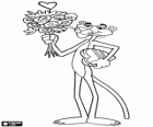 Der Pink Panther mit einem Blumenstrauß und einer herzförmigen Schachtel Pralinen