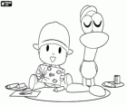 Pocoyo und Pato zeigen ihre Zeichnungen