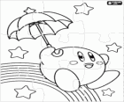 Kirby Puzzle mit einem Regenschirm fliegen zwischen den Sternen und dem Regenbogen