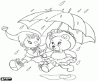 Noddy und ihre Freundin die kleine bär Tessie mit einem Regenschirm im Regen