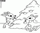 Die Rentiere Rudolph und Clarice schmücken den Weihnachtsbaum