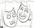 Welttheatertag, März 27. Eine Theaterbühne mit Masken von Komödie und Tragödie