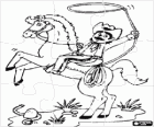 Puzzle Cowboy mit Lasso zu Pferd auf die Hinterbeine beim Anblick einer Schlange