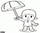 Die niedlichen Kleinkind Pocoyo mit einem offenen Regenschirm