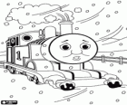 Thomas Dampflokomotive unter einem starken Schneefall