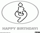 Herzlichen Glückwunsch zum Geburtstag! Heute feiern Sie neun Jahre. Eine neun mit einer beleuchteten Kerze im Kuchen