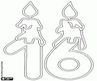 Zahl sechzehn mit zwei brennende Kerzen, Zeichnung in dünne Linie version