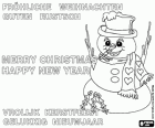 Grußkarte für Weihnachten und Neujahr mit einem Schneemann, in Deutsch, Englisch und Niederländisch