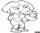 Dora Explorer mit einem Küken, die gerade aus dem Ei in ihre Hände gekommen ist