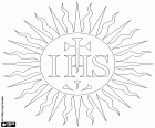 Das Monogramm des Namens Jesu Christi, die Buchstaben IHS innerhalb einer Sonne. Ein Symbol des Christentums
