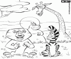 Die vier Protagonisten Tiere von Madagaskar 2. Alex dem Löwen, Marty das Zebra, Melman die Giraffe, Gloria das Nilpferd in der afrikanischen Savanne