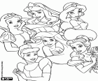 Gruppe von sechs Prinzessinnen aus der magischen Welt: Schneewittchen, Prinzessin Aurora oder Dornröschen, Prinzessin Jasmin, Aschenputtel, die kleine Meerjungfrau Ariel und Prinzessin Belle